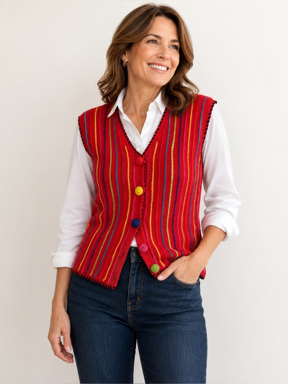 Vintage 90s Ramie Cotton Stripe Sweater Vest Colorful Knit S/M